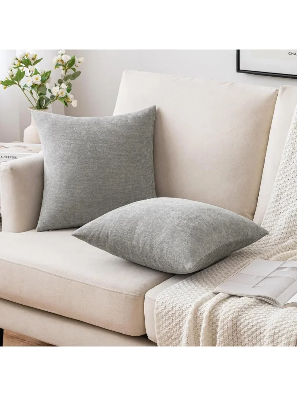 Soft Chenille Decorative Pillow Covers - Set of 2 Light Grey 18x18 Inch Cushions